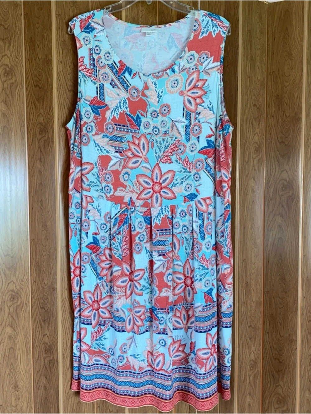 J Jill Sleeveless Floral Midi Dress Size 2X Blue Orange Boho Artsy Mature Strech